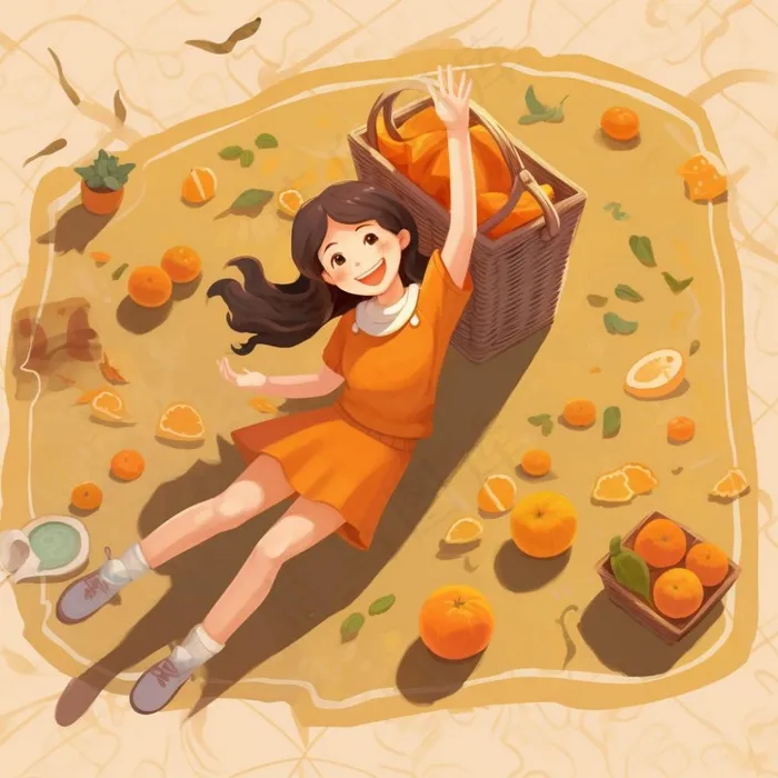 野餐垫上的女孩水果玩耍开心橙色插画素材背景(1024x1024)