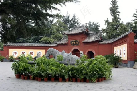 天空下的白马寺山门及门前的盆栽植物