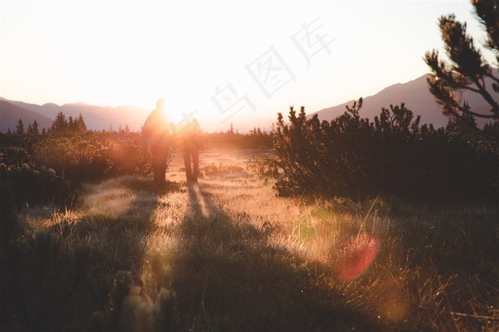 夕阳下在草地上散步的人