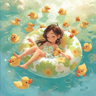 泳池游泳戏水池塘鸭子动物玩乐，阳光夏天暑期