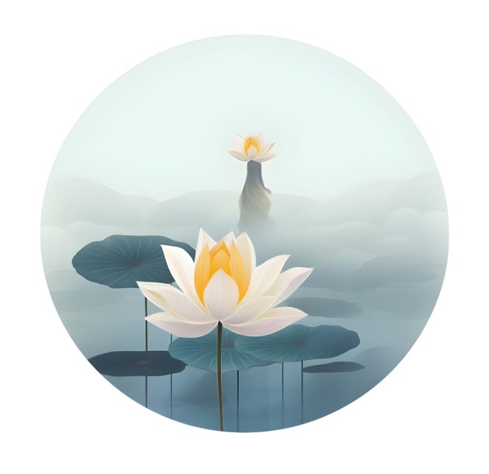 莲花荷花水墨圆框画免抠