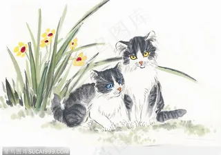 兰花旁依偎的小猫