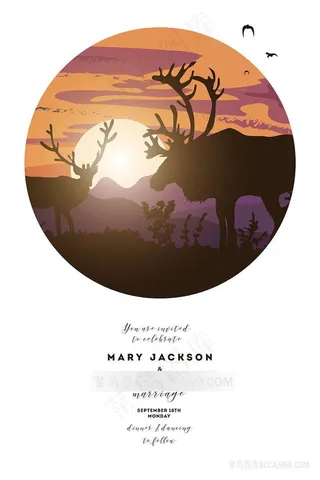 唯美黄昏麋鹿高清风景画插画