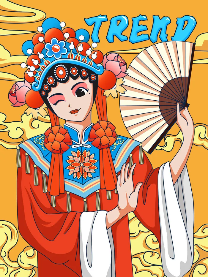 手绘中国风国潮京剧戏曲人物插画古风国粹花旦ai矢量ps设计素材图psd模版下载