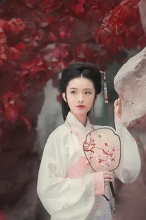 红叶树下的古装美女图片素材