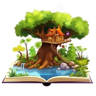 大树上的木屋树屋书本卡通插画免抠