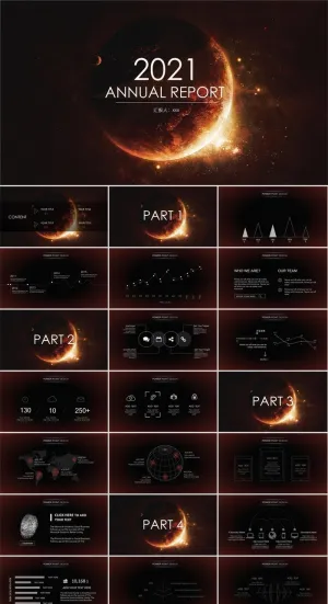浩瀚星球背景极简线条半透明图表iOS风格工作总结ppt模板预览图