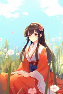 古风少女红裙子在草丛中花瓣纷飞卡通插画 古风少女红裙子在草丛中花瓣纷飞卡通插画