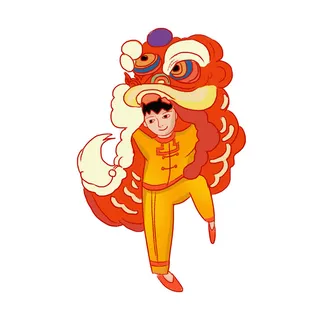 新年春节虎年元宵手绘人物舞狮卡通狮子头插画元素PSD设计素材