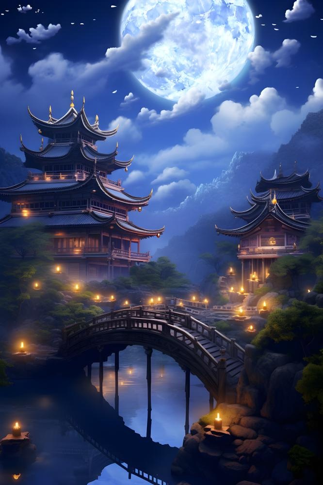 国风蓝色夜晚建筑典雅背景(2400x3600)