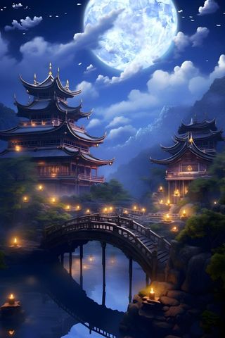 国风蓝色夜晚建筑典雅背景