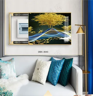 大气时尚家居室内装饰场景客厅沙发卧室床铺电表箱壁画背景图金鹿发财树金鱼