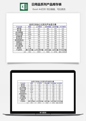 日用品系列产品库存表excel模板