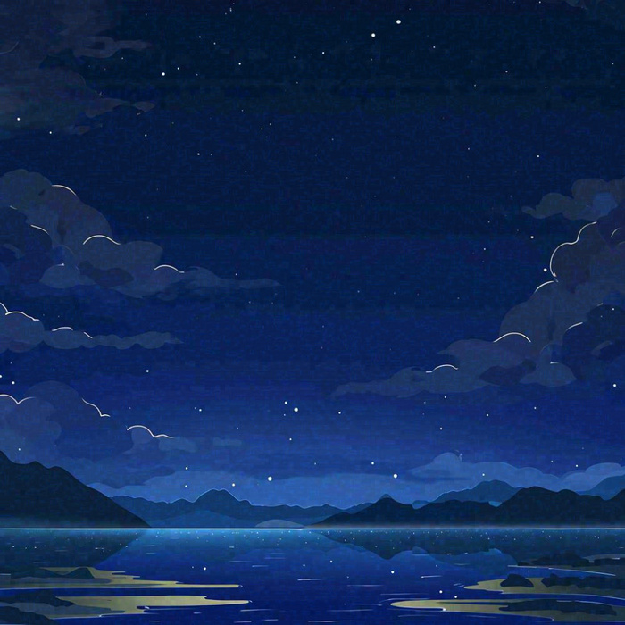 夜晚河面星空月亮唯美夜景扁平插画手绘(1024x1024)