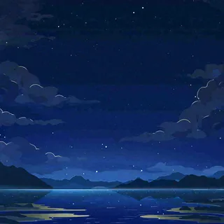 夜晚河面星空月亮唯美夜景扁平插画手绘