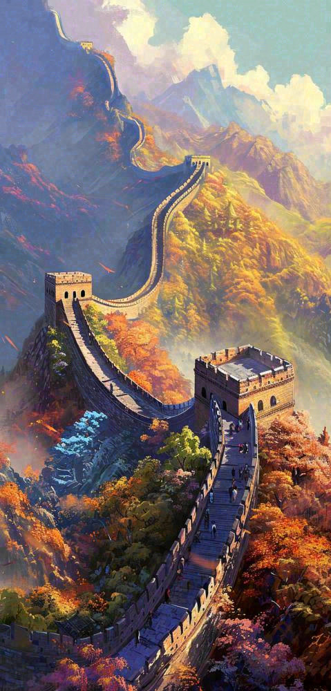 中国风长城雄伟建筑户外手绘插画(752x1568)