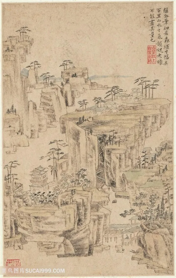 清代王渔洋书画册页仙山楼阁国画图片