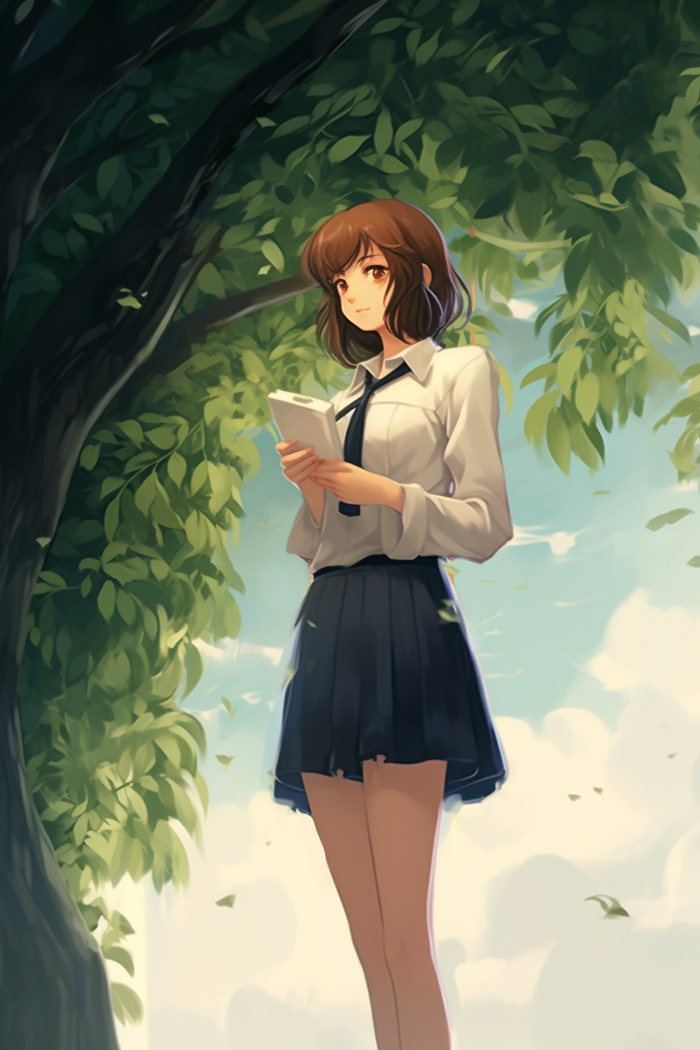 少女学生站在绿叶树下阳光卡通插画素材(x)