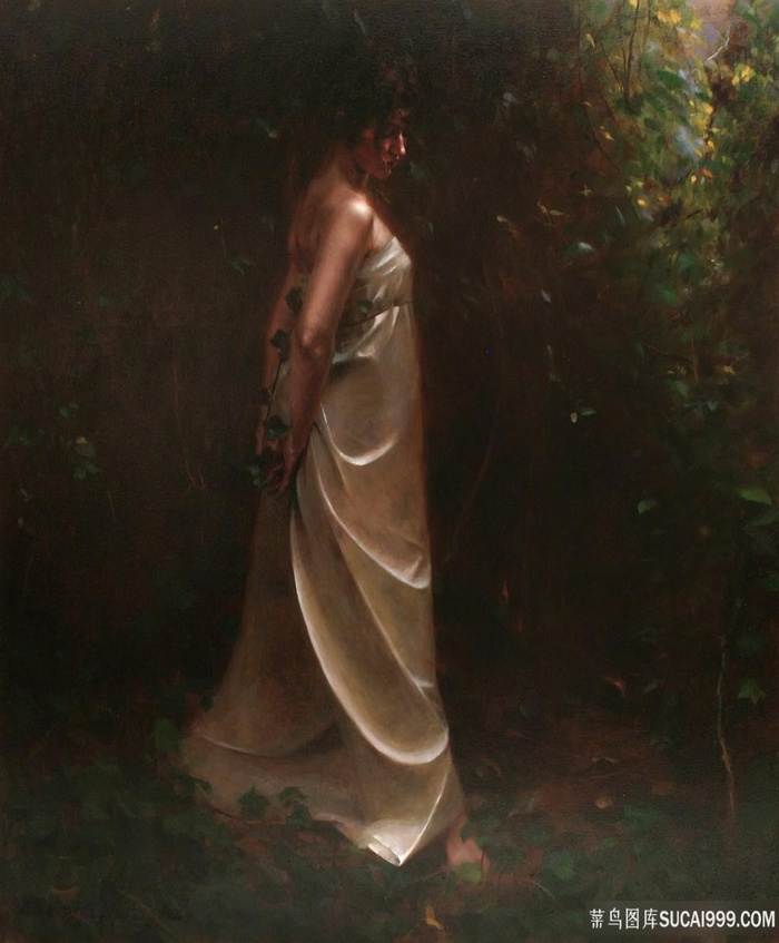 树林丛林女人油画风景画