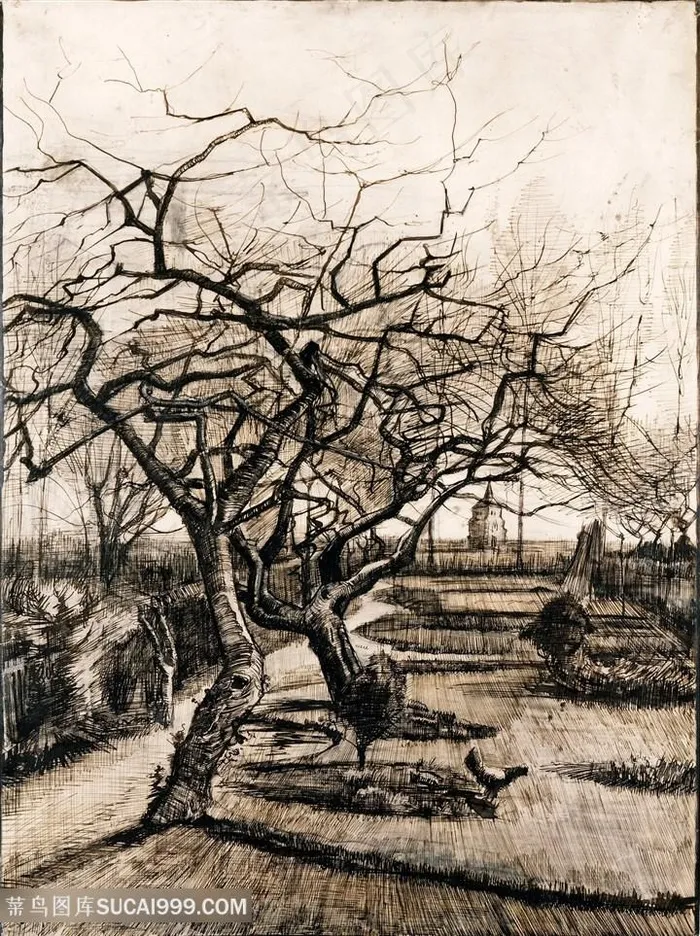 梵高手绘冬天在纽恩的牧师花园风景画