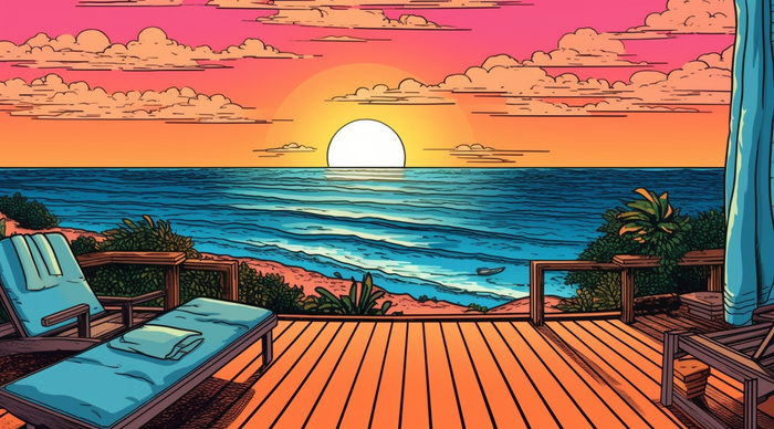 海边度假，极简背景风格，充满活力的漫画，充满活力的卡通，浅棕色和天蓝色插画背景