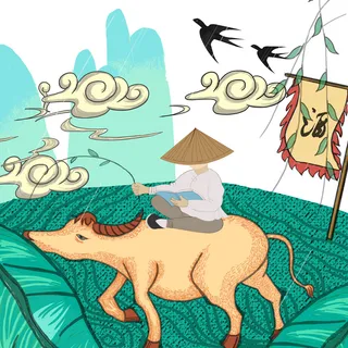 清明清明节卡通牧童骑牛场景插画