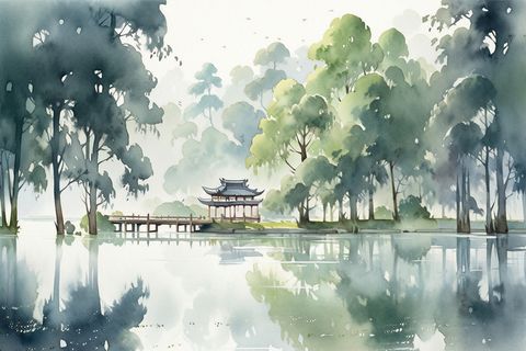 杭州西湖风景水彩凉亭流水树木远景插画