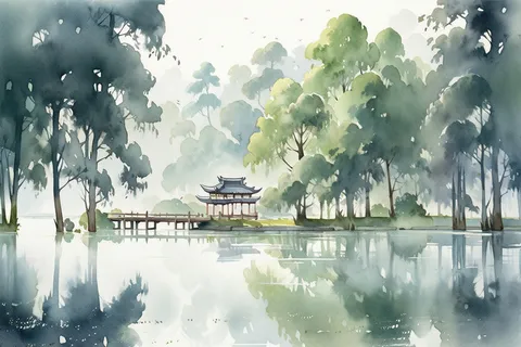 杭州西湖风景水彩凉亭流水树木远景插画 杭州西湖风景水彩凉亭流水树木远景插画