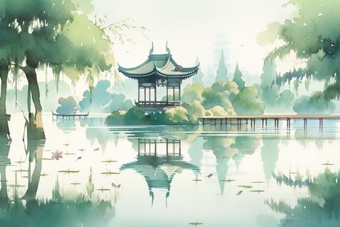杭州西湖风景水彩凉亭流水树木远景插画