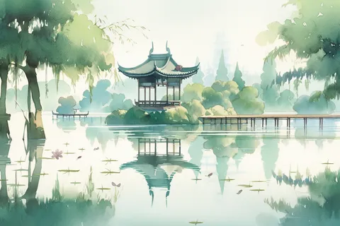 杭州西湖风景水彩凉亭流水树木远景插画 杭州西湖风景水彩凉亭流水树木远景插画