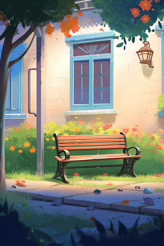 门前长椅花园卡通手绘插画背景