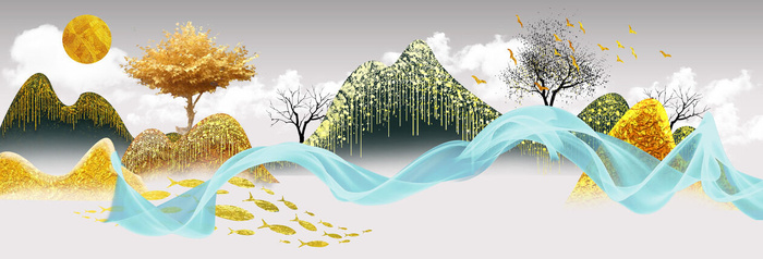 新中式山水鱼群背景