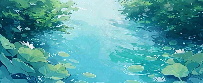 夏天池塘荷花池荷花荷叶河流插画手绘，夏至处暑小暑大暑(1712x704)