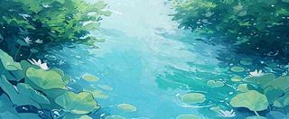 夏天池塘荷花池荷花荷叶河流插画手绘，夏至处暑小暑大暑