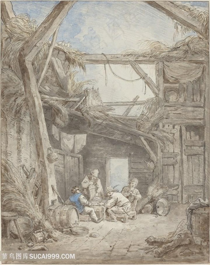 农房木屋人物风景画装饰画