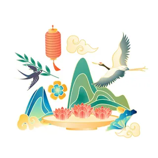 中国风国潮仙鹤山水插画手绘元素场景AI设计模板
