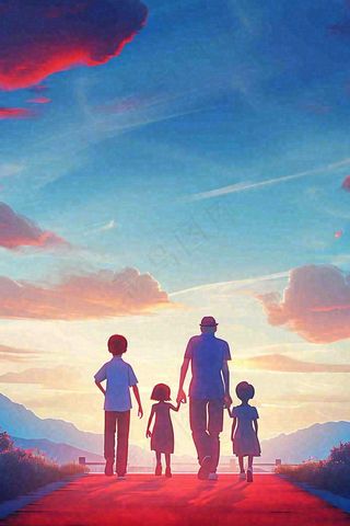 蓝天白云下行走背影，父亲节父爱温馨