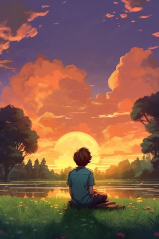 男人看落日背影插画