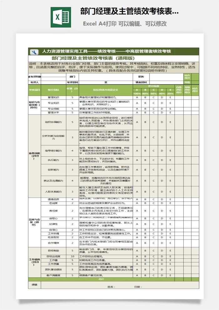 41部门经理及主管绩效考核表（通用）