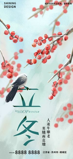 站在字上的小鸟景深效果二十四节气立冬插画海报