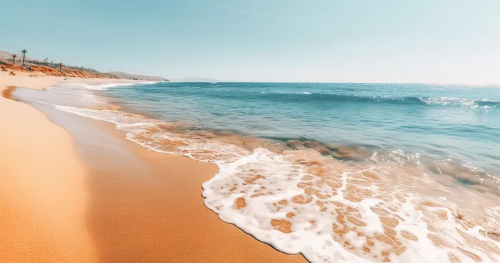 沙滩旁边的一大片水域的照片极简主义蔚蓝的水波海浪海洋的摄影图(4560x2400)