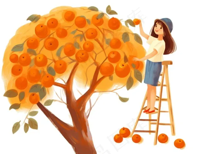 秋季爬梯摘水果的女孩橘子插画免抠(1312x928)