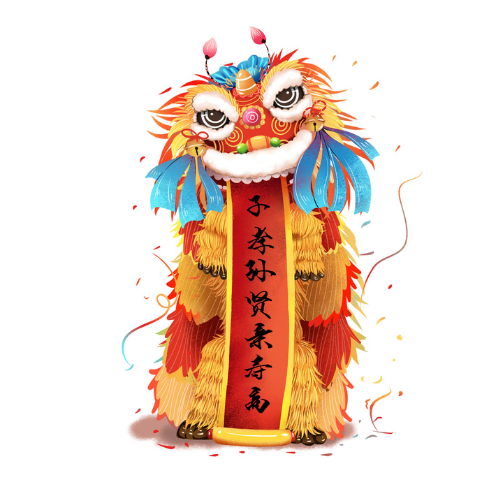 新年春节虎年元宵手绘人物舞狮卡通狮子头插画元素PSD设计素材
