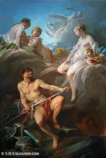 布歇手绘山峦人物油画风景画