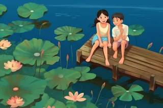 荷花池边儿童玩乐背景