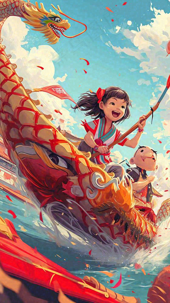 海面上龙船开船手绘插画，孩子人物，蓝天白云古风(816x1456)