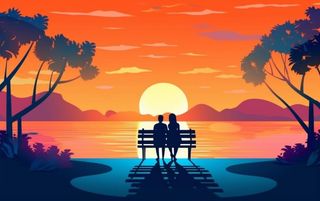 夕阳晚霞日楼情侣剪影橘红背景