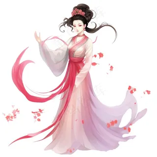 古风古装少女仙气粉色衣裙插画免抠