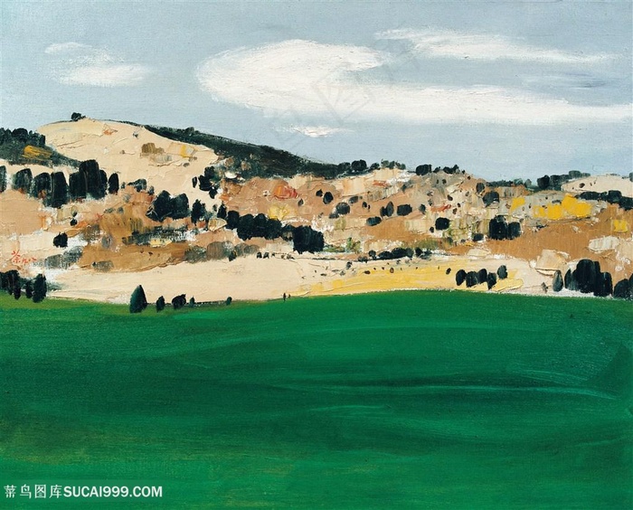 吴冠中手绘草地建筑风景画装饰画