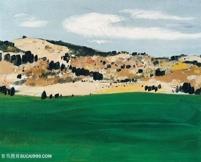 吴冠中手绘草地建筑风景画装饰画